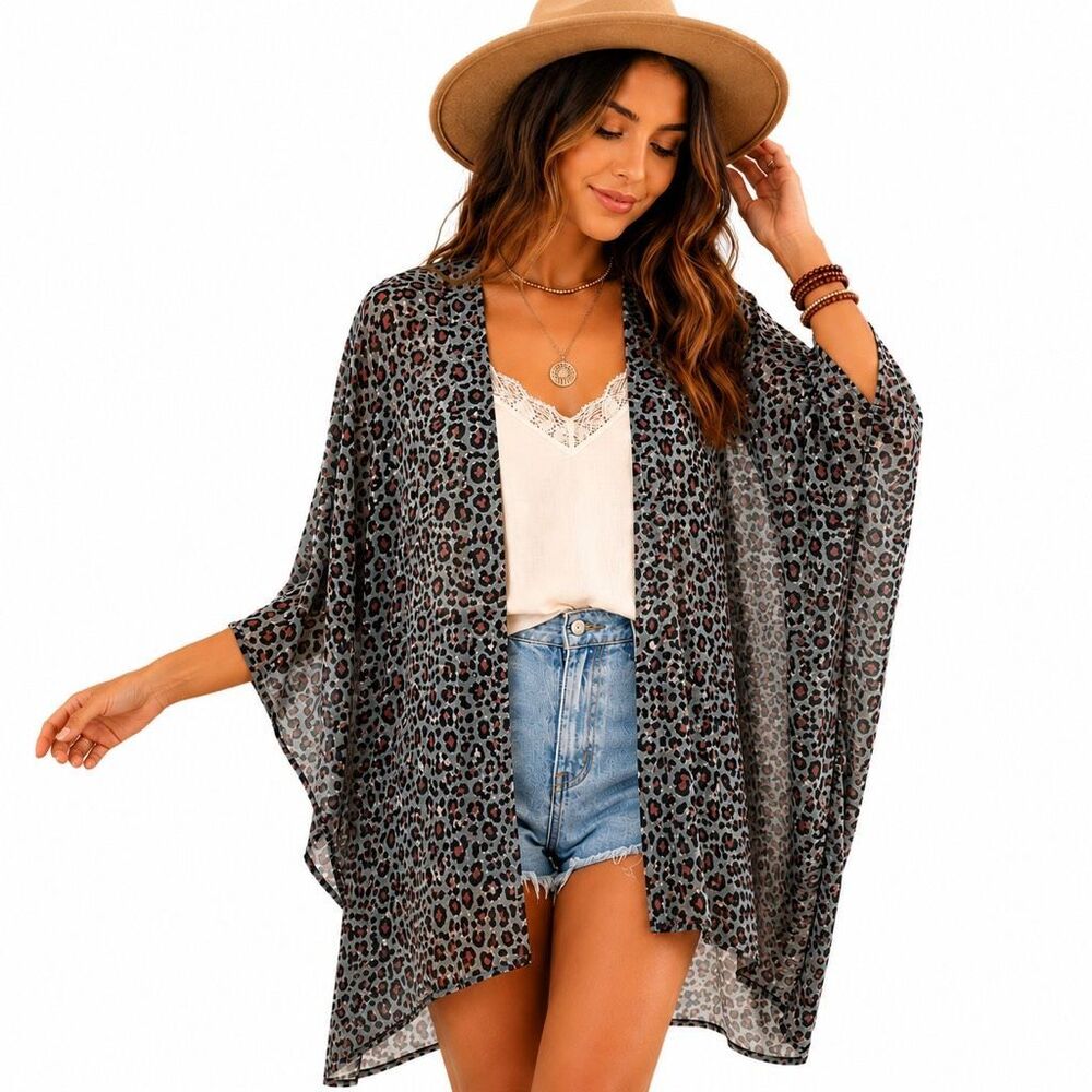 Leopard Boho Kimono One Size Open Front Lightweight Cover Up Texas True Threads